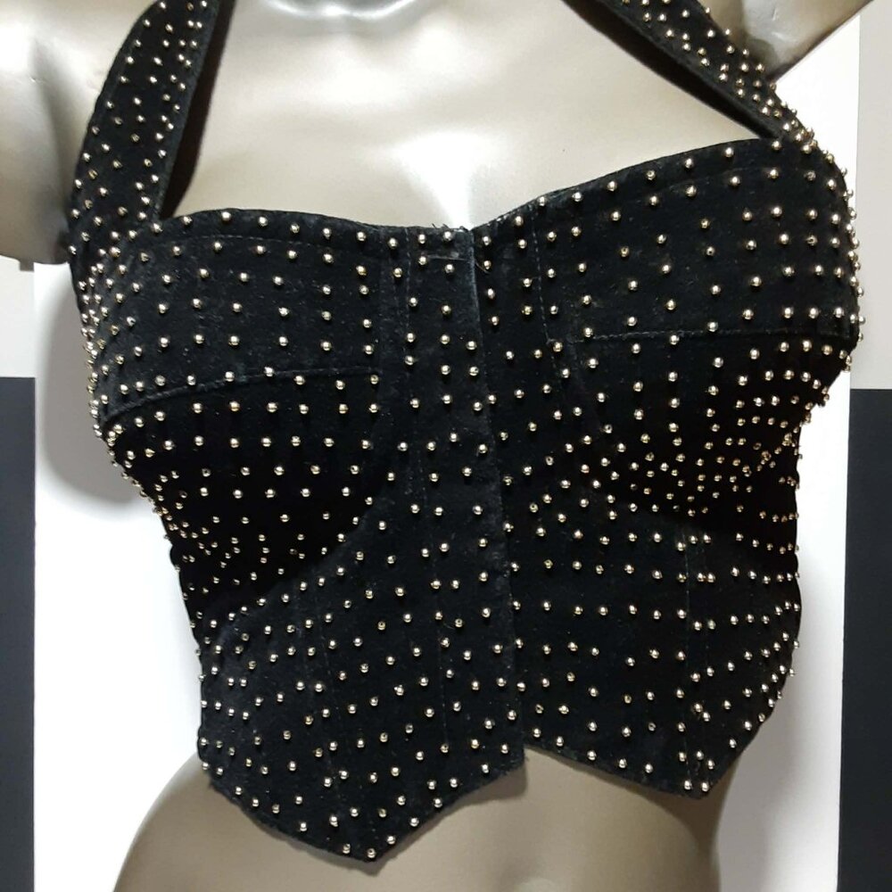 Bustier Halter Crop Tank Top Black w/ Gold Beads Womens Medium Halsey Vintage
